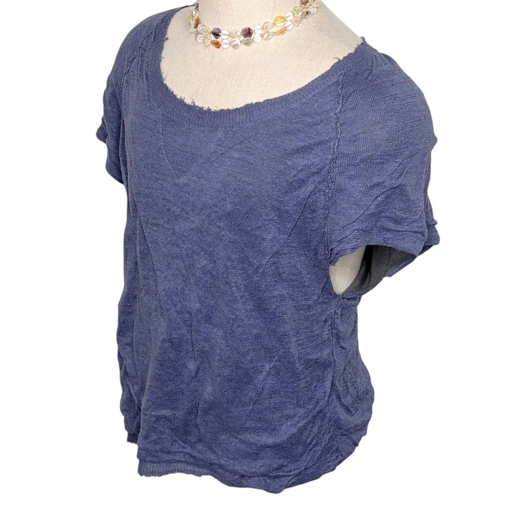 We The Free‎ Free People Knit Top XS Blue Linen Cotton Short Sleeve Raw Edge